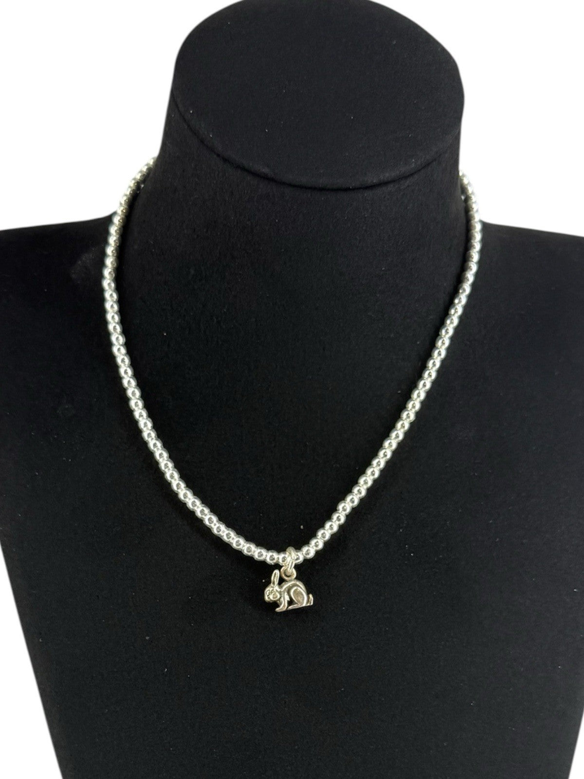 Stainless Silver 2mm Round Bead Chain Necklace 12” With Lucky Rabbit Charm