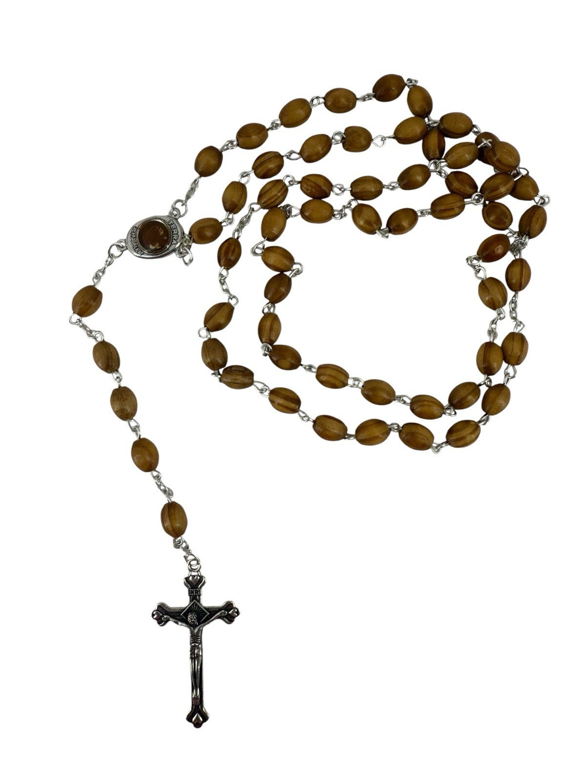 Catholic Rosary Beads Necklace WithOlive Wood Oval Beads W/ Jesus Crucifix Cross