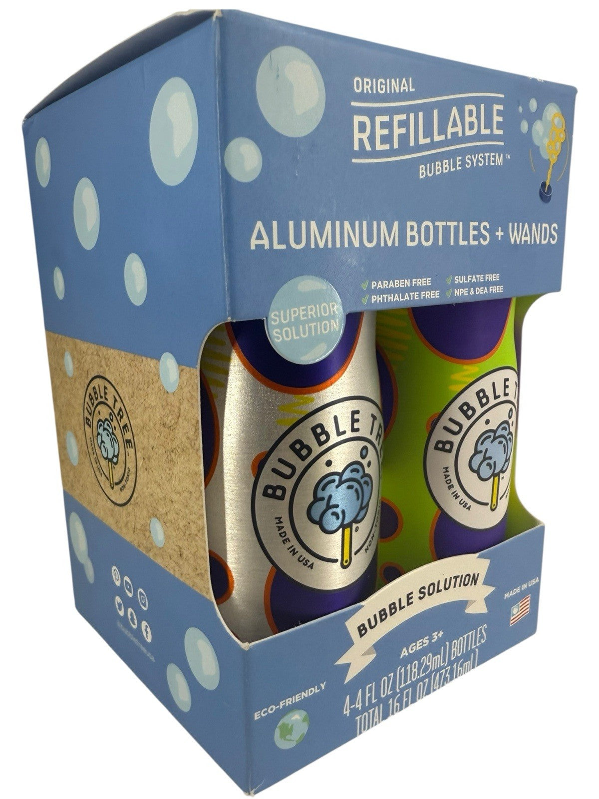 Bubble Tree 4 Bubble Solution + Refillable Bubble Aluminum Bottles 4 Pack