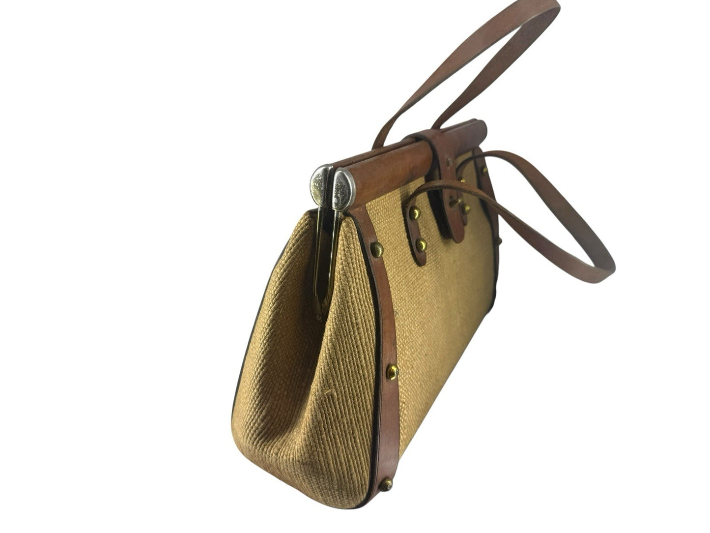 Vintage 70's AIGNER Tweed Handbag Early Handmade Leather RARE