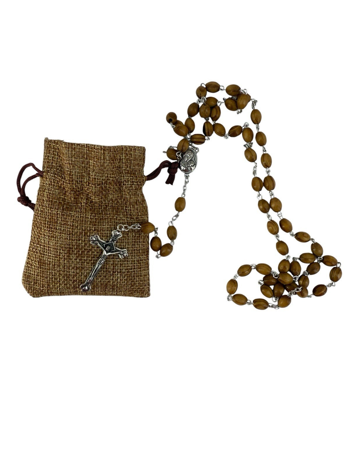 Catholic Rosary Beads Necklace WithOlive Wood Oval Beads W/ Jesus Crucifix Cross
