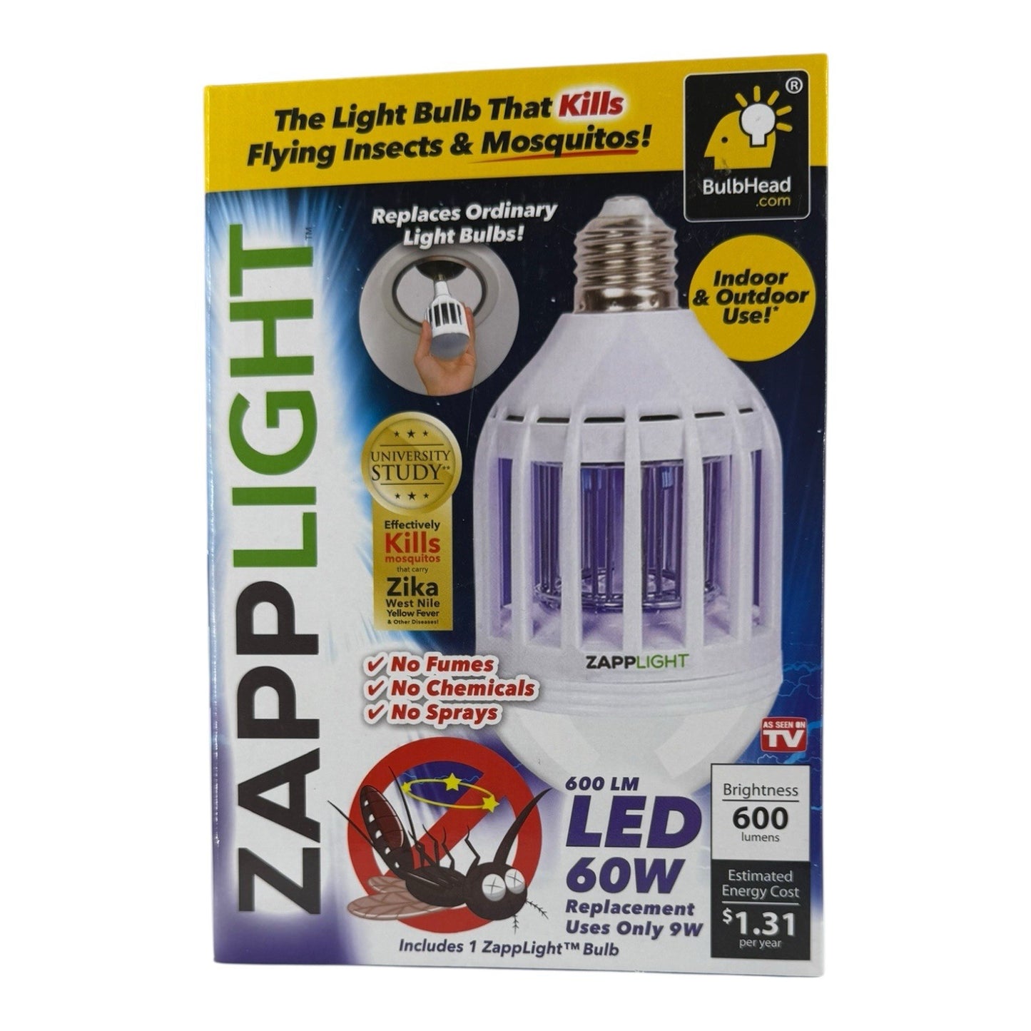 Zapp Light 60 W LED Bulb Kills Flying Insects & Mosquitos Indoor/Outdoor Use New
