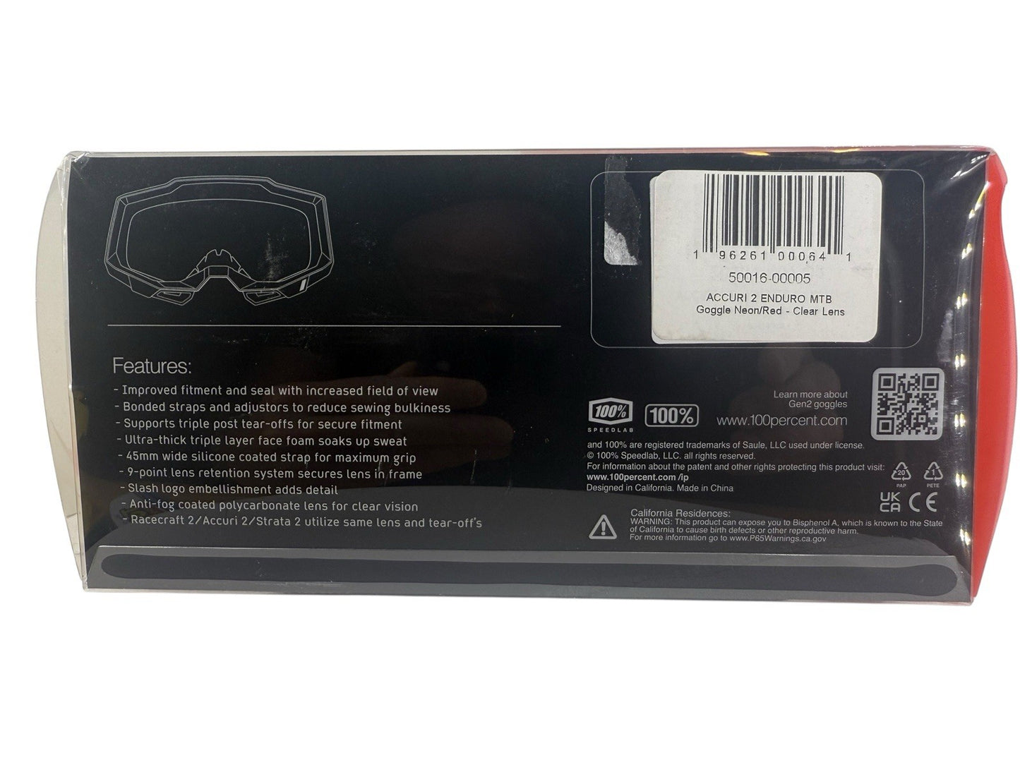 Mountain Bike Or Ski Goggles 100% Accuri 2 Enduro MTB - Neon Red