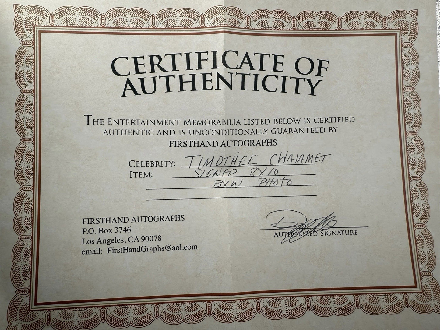 Timothée Chalamet Signed 8x10 Autograph Certified COA Include White Framed Glass