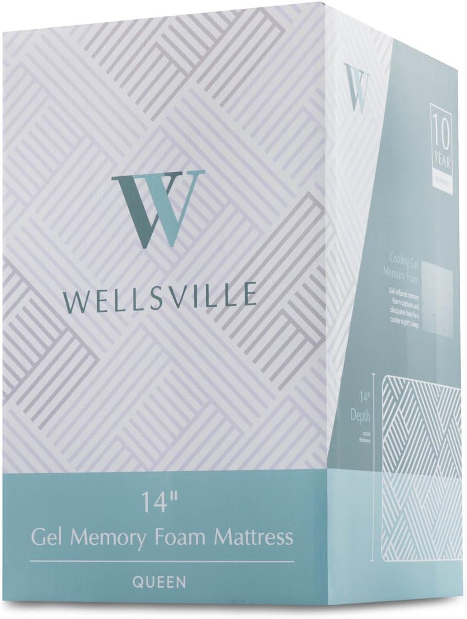 WELLSVILLE 14" Ventilated Luxury Gel Memory Foam Mattress - CertiPUR-US Certified, Twin XL, Grey/White