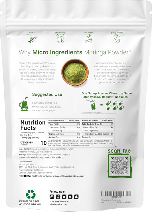 Organic Moringa Oleifera Leaf Powder, 2 Pounds, Rich in Antioxidants and Immune Vitamin, Great Superfoods for Moringa Tea, Moringa Drink, India Grown, Vegan