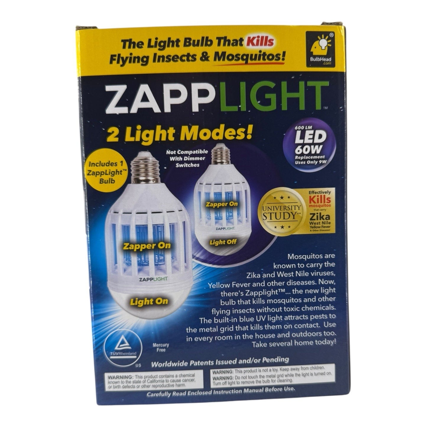 Zapp Light 60 W LED Bulb Kills Flying Insects & Mosquitos Indoor/Outdoor Use New