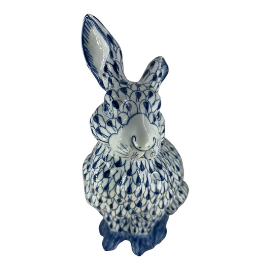 Large Vintage Porcelain Blue & White Fishnet Seated Bunny Rabbit Figurine 15"