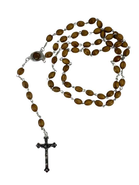 Catholic Rosary Beads Necklace WithOlive Wood Oval Beads W/ Jesus Crucifix Cross