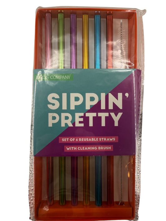 Two's Company 6 Reusable Drinking Straws With Cleaning Brush Multi-Colored