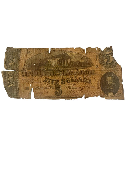 ~1864 Confederate States of America $5 Five Dollars - Civil War Note