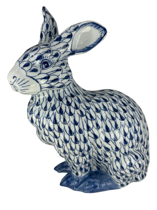 Large Vintage Porcelain Blue & White Fishnet Seated Bunny Rabbit Figurine 15"