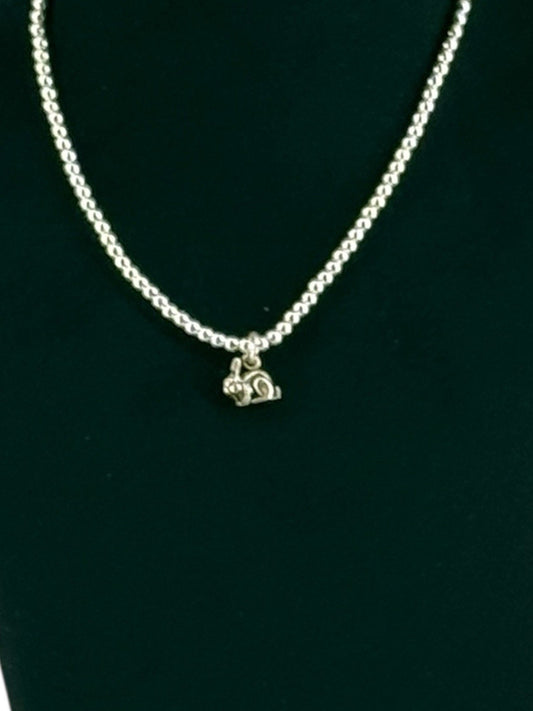 Stainless Silver 2mm Round Bead Chain Necklace 12” With Lucky Rabbit Charm