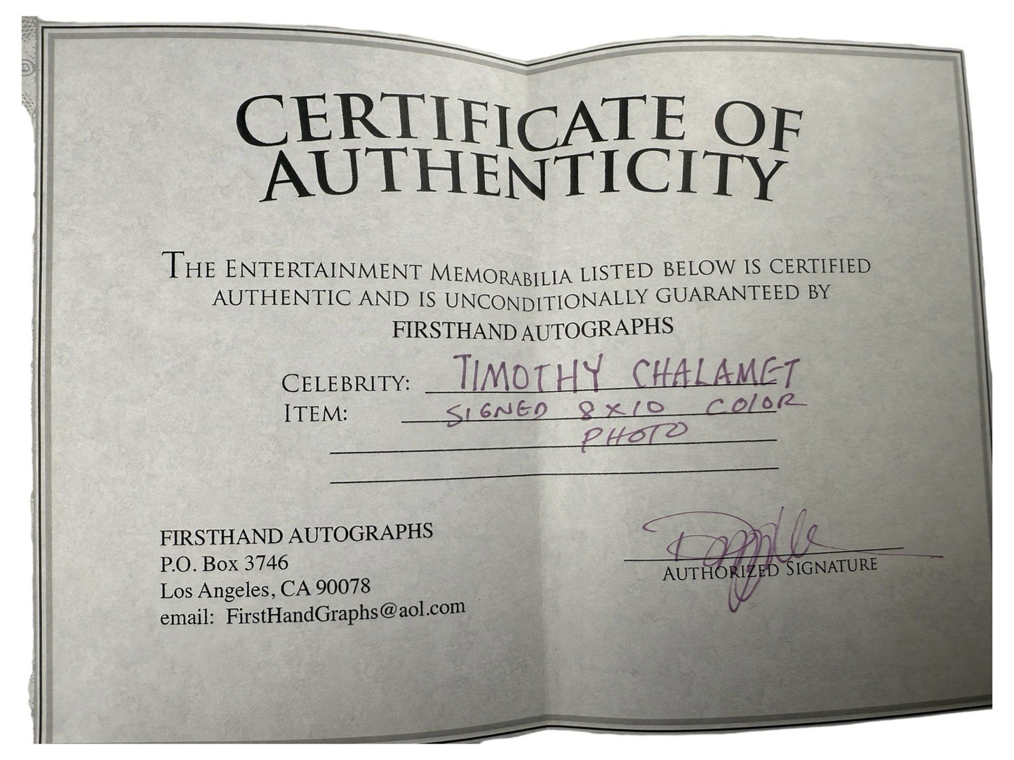 Timothée Chalamet Signed 8x10 Autograph Certified COA Include White Framed Glass