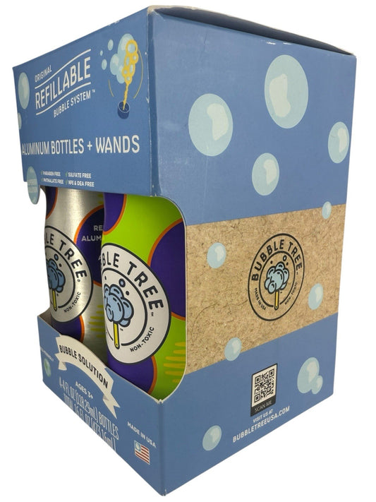 Bubble Tree 4 Bubble Solution + Refillable Bubble Aluminum Bottles 4 Pack