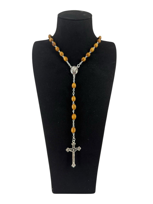 Catholic Rosary Beads Necklace WithOlive Wood Oval Beads W/ Jesus Crucifix Cross