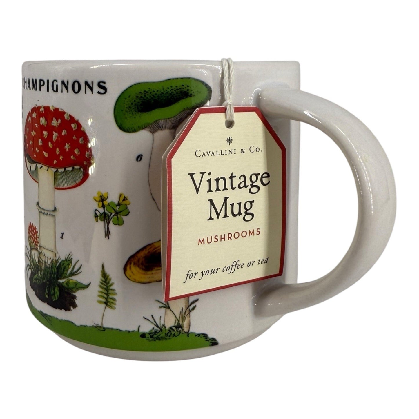 NEW- Cavallini Vintage Mug Ceramic Mug Mushroom Design 14 fl. oz. Coffee Cup