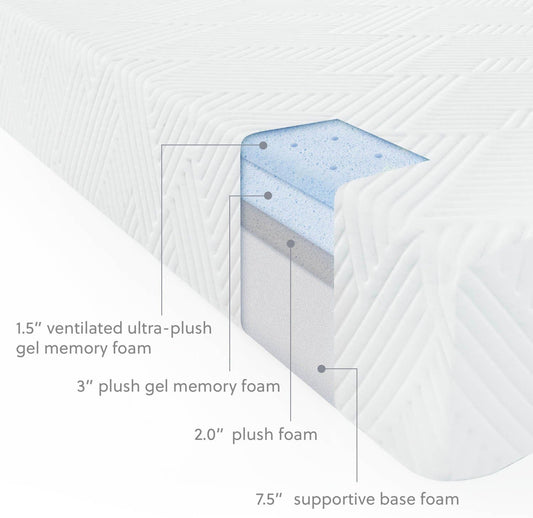 WELLSVILLE 14" Ventilated Luxury Gel Memory Foam Mattress - CertiPUR-US Certified, Twin XL, Grey/White