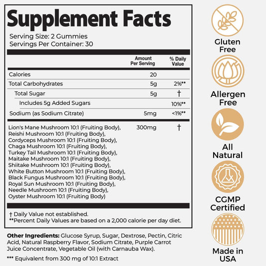 Auri Super Mushroom Daily Gummies - All-in-One Daily Mushroom Supplement Gummy - 12 Mushroom Blend with Chaga, Lions Mane, Reishi, Cordyceps - 60 Gummies